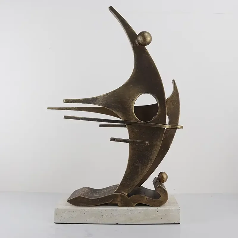Modern Abstract Sailboat Sculpture Gold Bronze Metal with Marble Base Handmade Modem for Home Decor