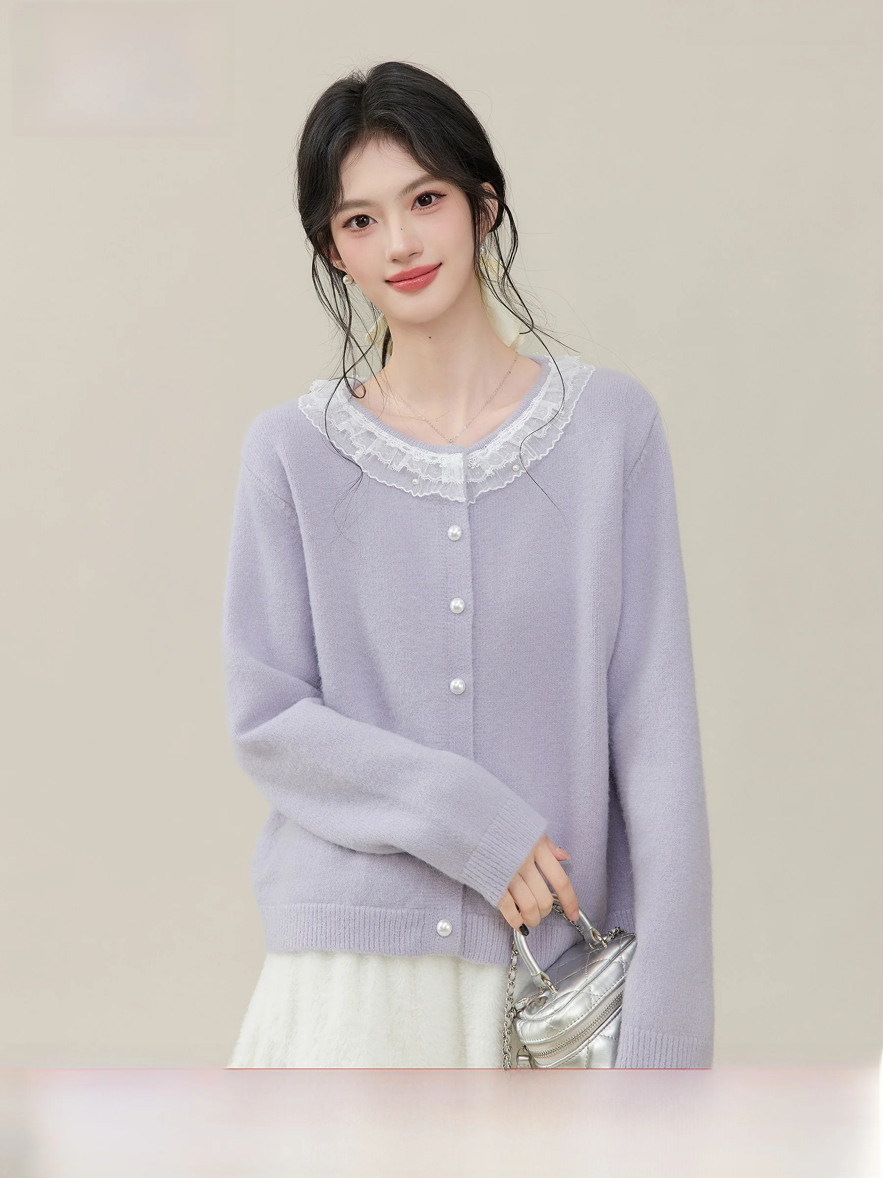 

Фиолетовый вязаный кардиган Ele для женщин: осенне-зимняя базовая одежда, мягкий, удобный, свободного кроя, с кружевной отделкой, универсальный