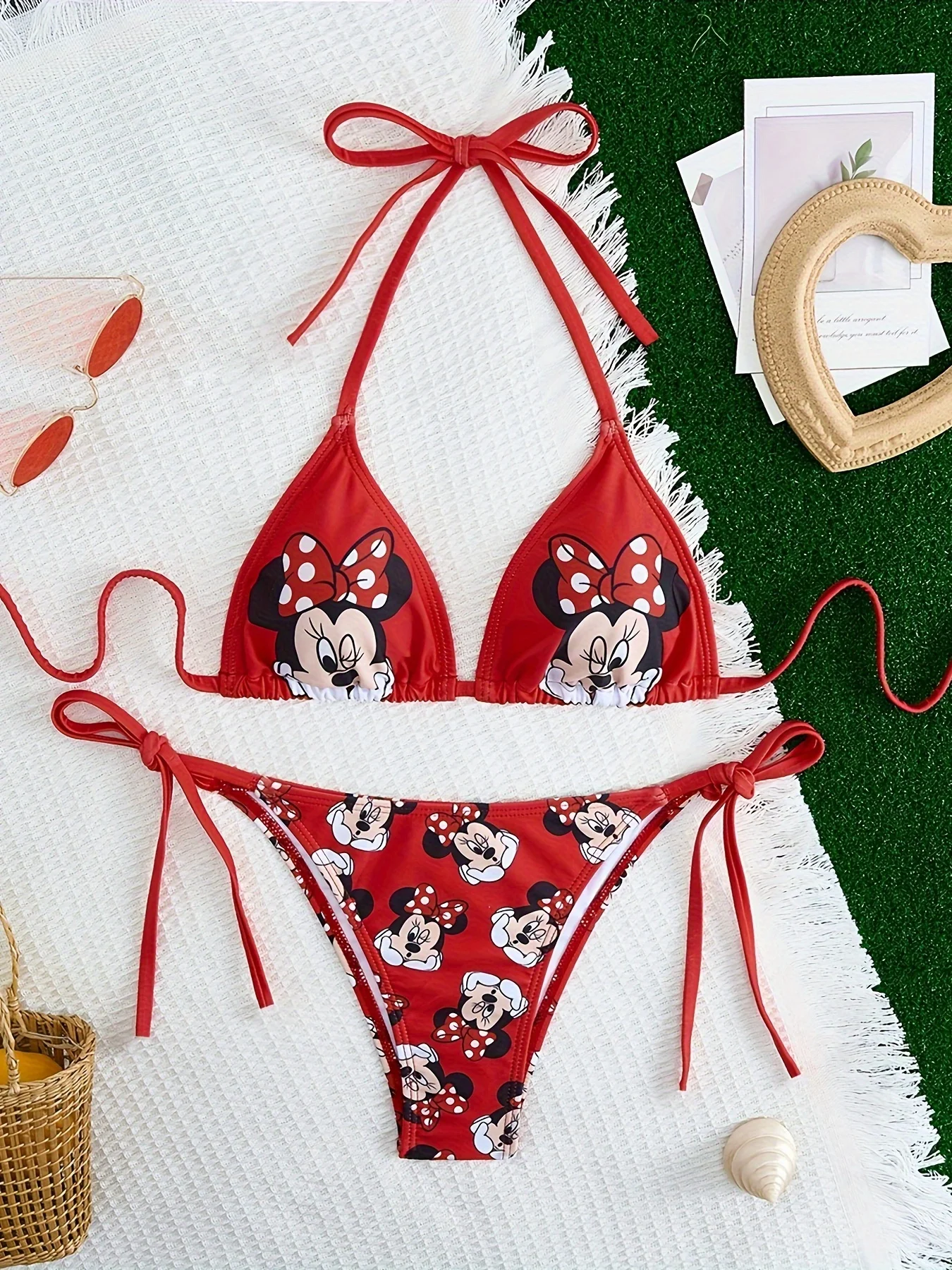 

2 pcs/a set Minnie Mouse Cute Cartoon Gir Bikini Small Breast Gathers Beach Vacation Style