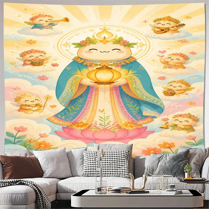 Large Boho Spiritual Buddha Tapestry Wall Hanging Cute Angel Celestial Bodhisattva Enlightenment Zen Home Decor Print Art Tapest