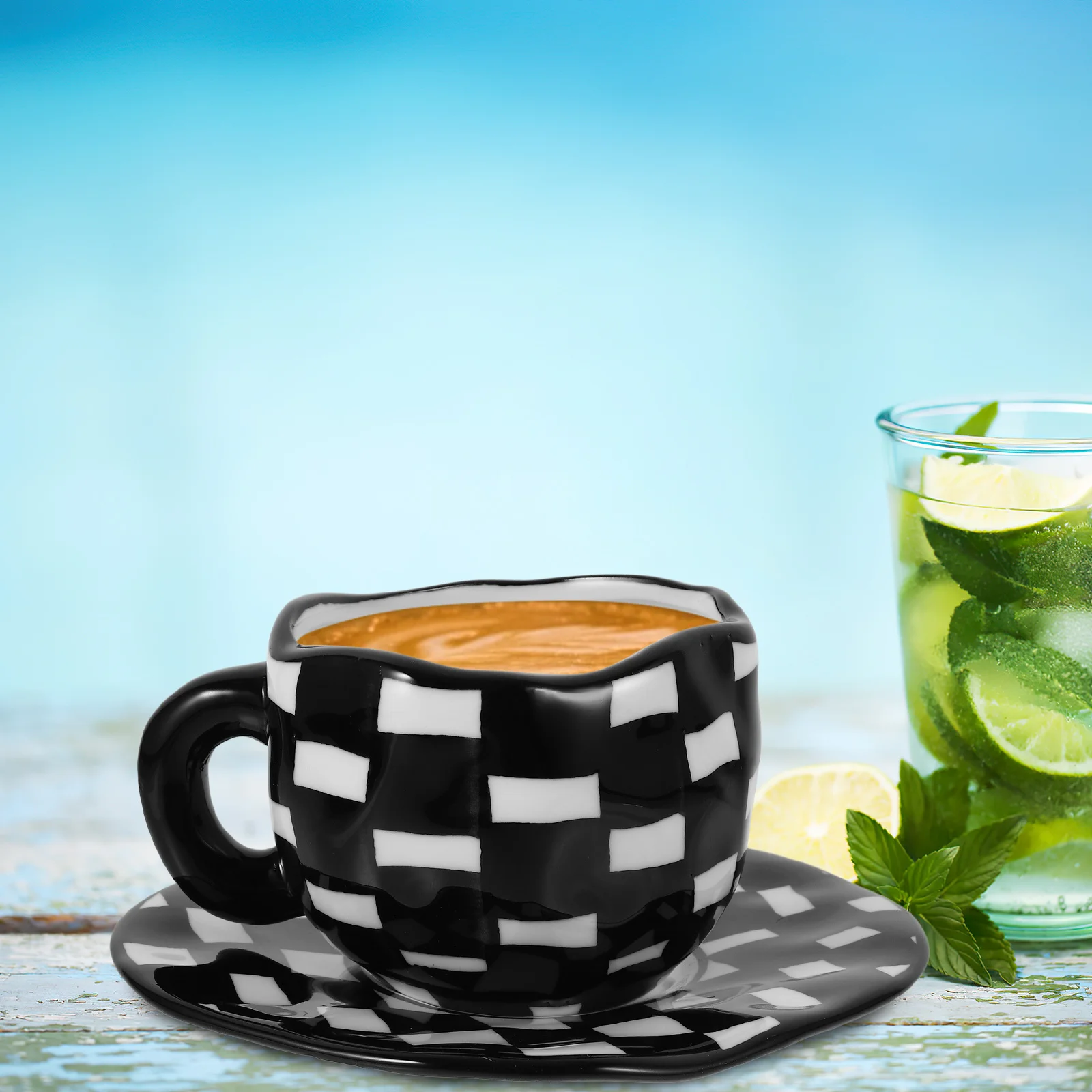 1 مجموعة أسود أبيض رقعة الشطرنج أكواب القهوة مع الصحون مجموعة أدوات الشرب الأنيقة متقلب القدح مع الصحن فنجان القهوة متقلب #5