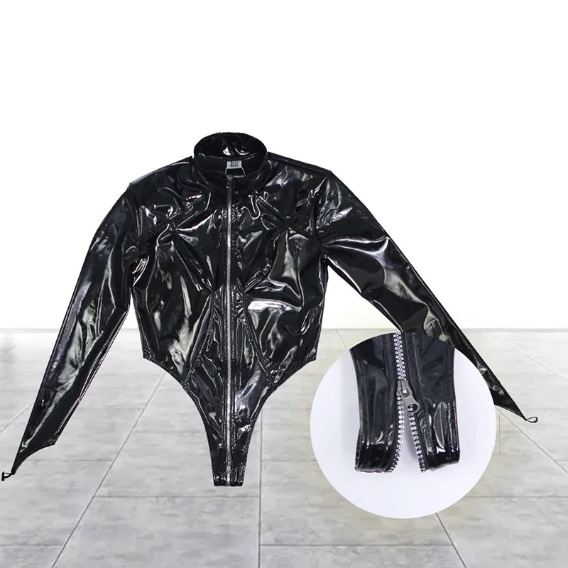 Women Sexy Shiny Patent Leather Bodysuits Ladies Long Sleeve High Neck Leotard Clubwear Latex Leather Bodycon Costume Custom