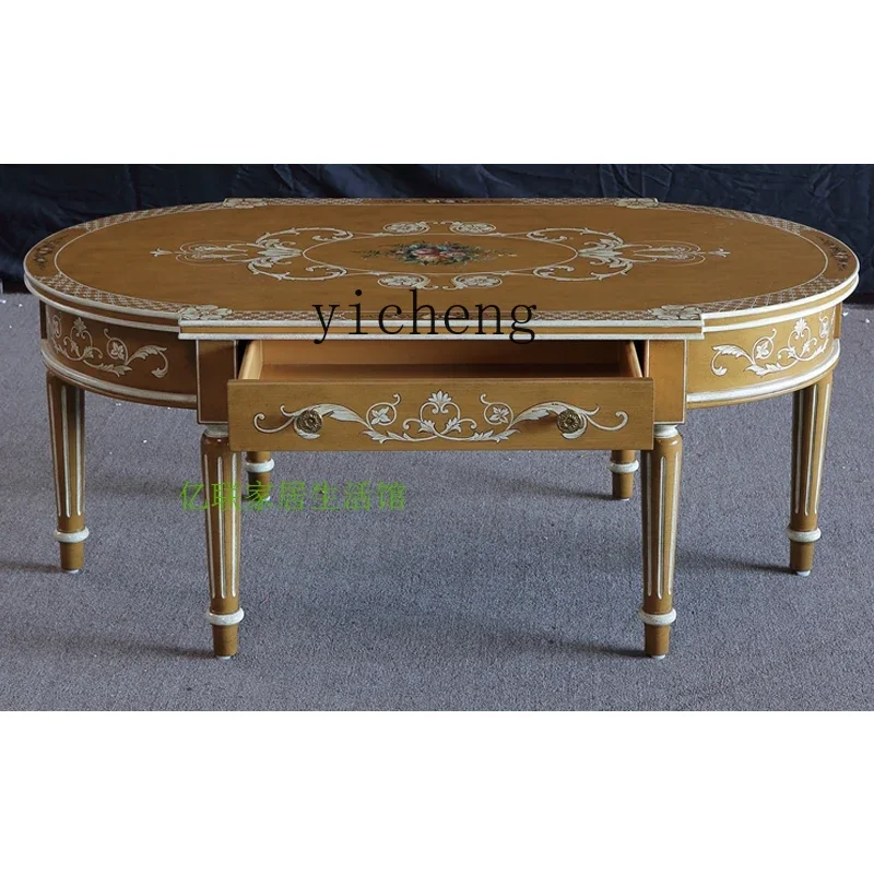 CZ-4 European Hand-painted Tulip Solid Wood Birch Sticker Gold Foil Black With Drawer Egg-shaped Coffee Table