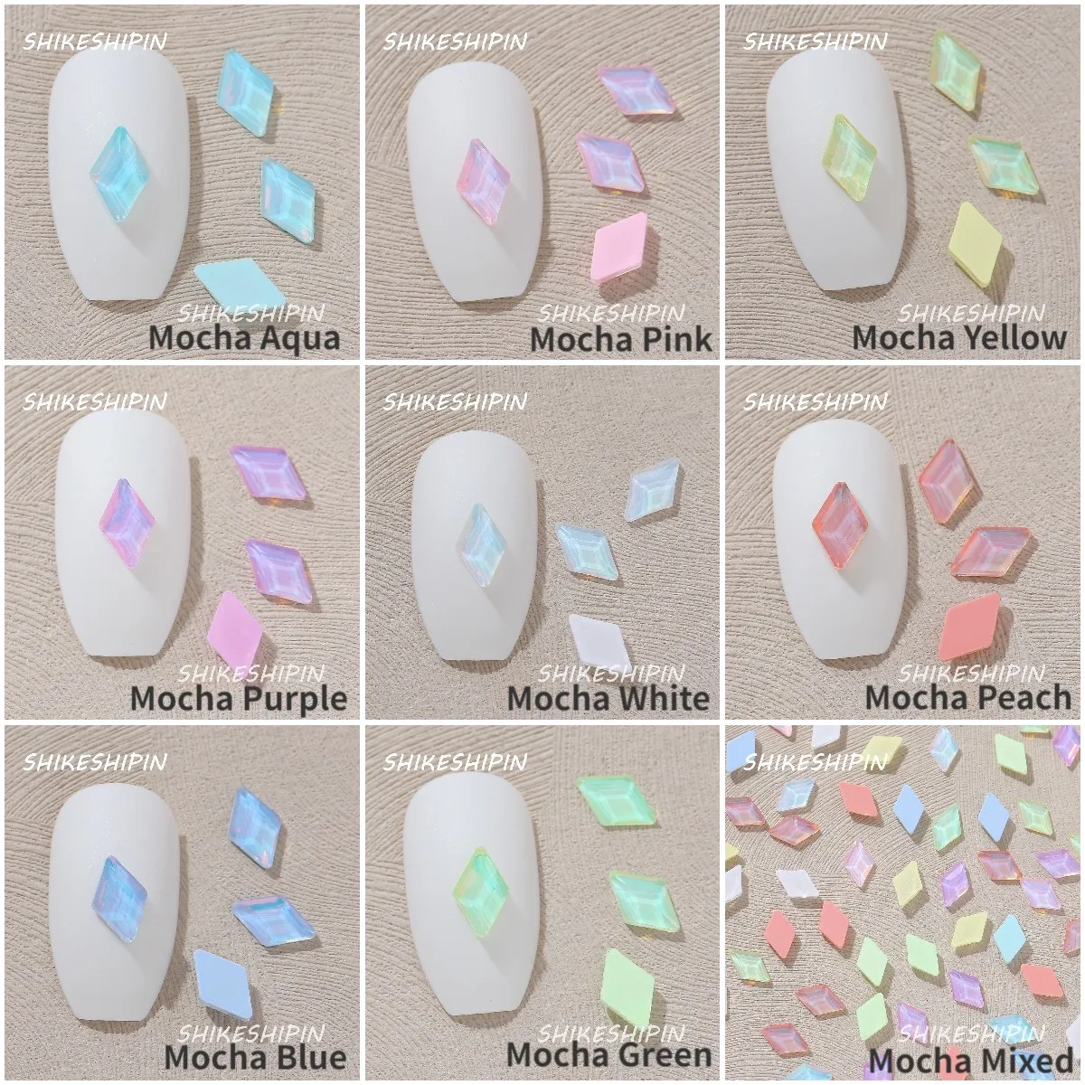 Neon Mokka 5x8mm Rhombus-förmigen Großhandel Flach boden Nail Art Strass selbst klebende glänzende Glas Kristall 3D Nagel dekoration