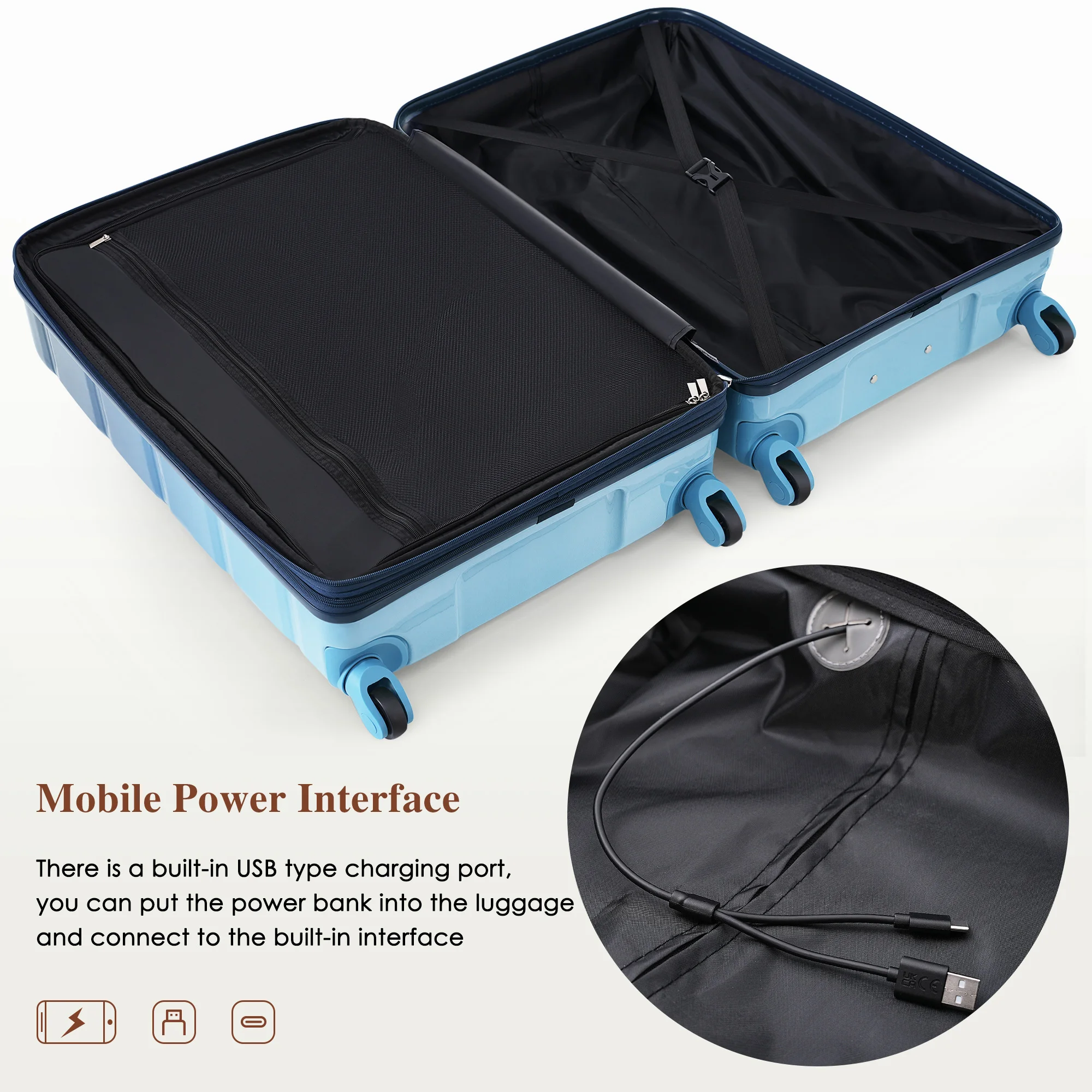 Luggage Set of 3, 20-inch with USB Port,  with Cup Holder, ABS+PC Hard Shell Luggage with Spinner Wheels, Gradient Blue  ﻿