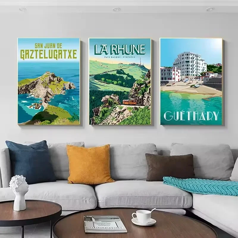 1pc Unframed Wall Art Home Decoration Vintage Country Travel Landscape Poster Basque Bayonne Biarritz Canvas Paintings Nordic Wa