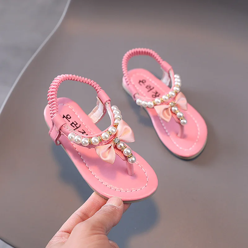 Summer Flats Korean Girls Pearls Rhinestone Kids Beach Sandals Butterfly-knot Princess Children\'s Sandals Flip Flops Beach Shoes