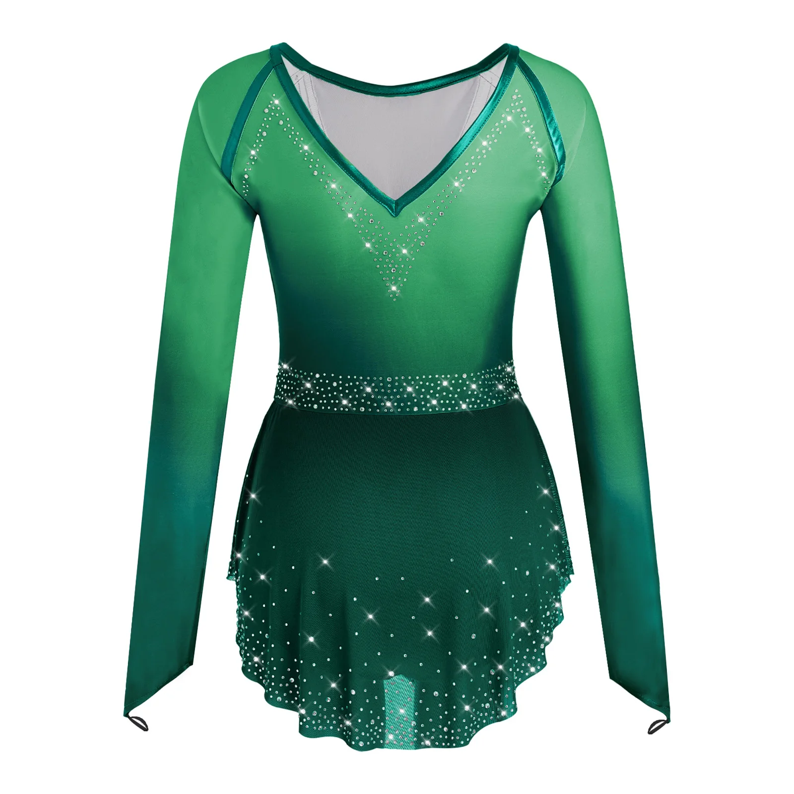 Vestido de Dança Lírica para Mulheres com Gradiente de Strass, Bodysuit de Ginástica, Patinação Artística e Ballet, Manga Longa, Saia de Rede, Macacão