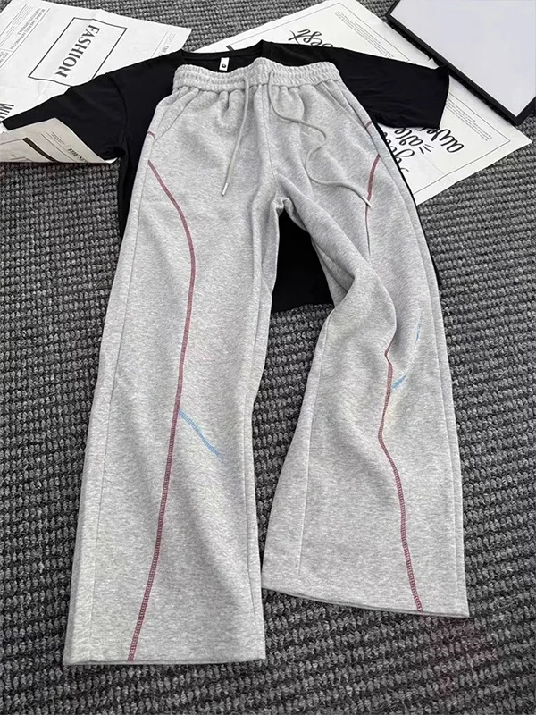 

Мужские спортивные брюки свободного кроя, осенние повседневные прямые брюки с лоскутным дизайном, яркими линиями и эффектом драпировки, удобные, из смесового хлопка