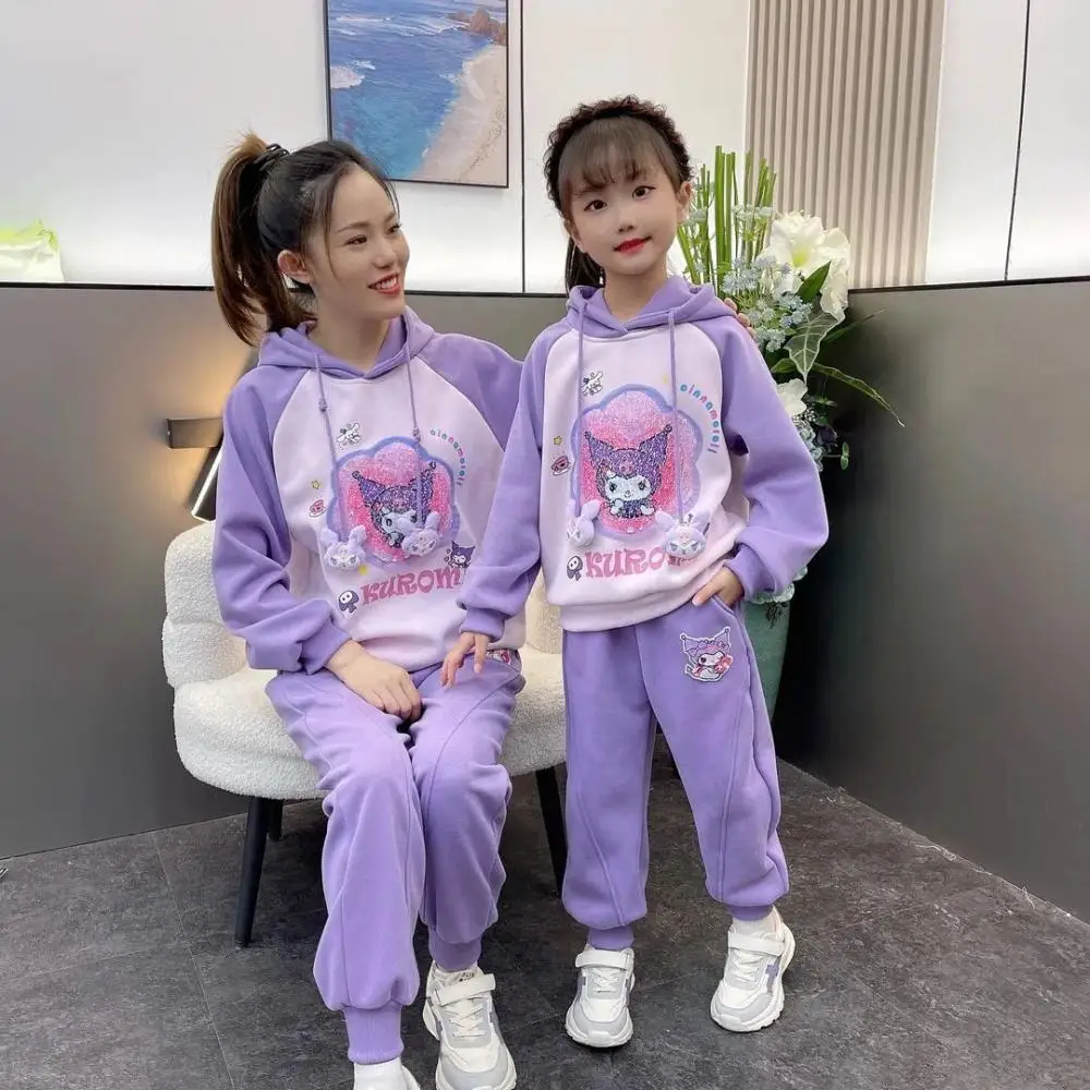 

Kawaii Sanrios Kuromi комплект свитшотов для девочек весна осень новый стиль Ins толстовка с капюшоном бархатный утепленный спортивный костюм для отдыха