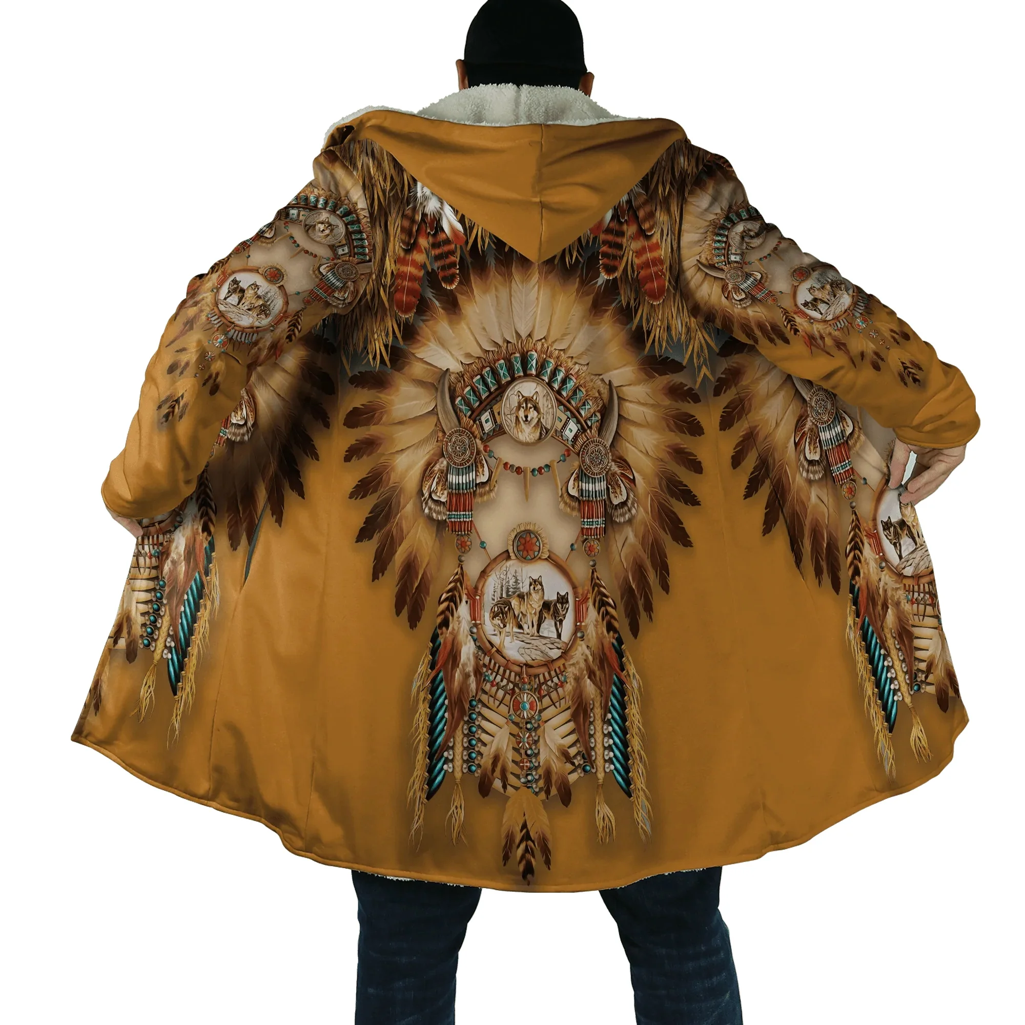 

Men's Fashion Hooded Cape Native Wolf and Eagle Pattern 3D Printing Thick Wool Hooded Cape Unisex Winter Casual Hooded Warm Cape