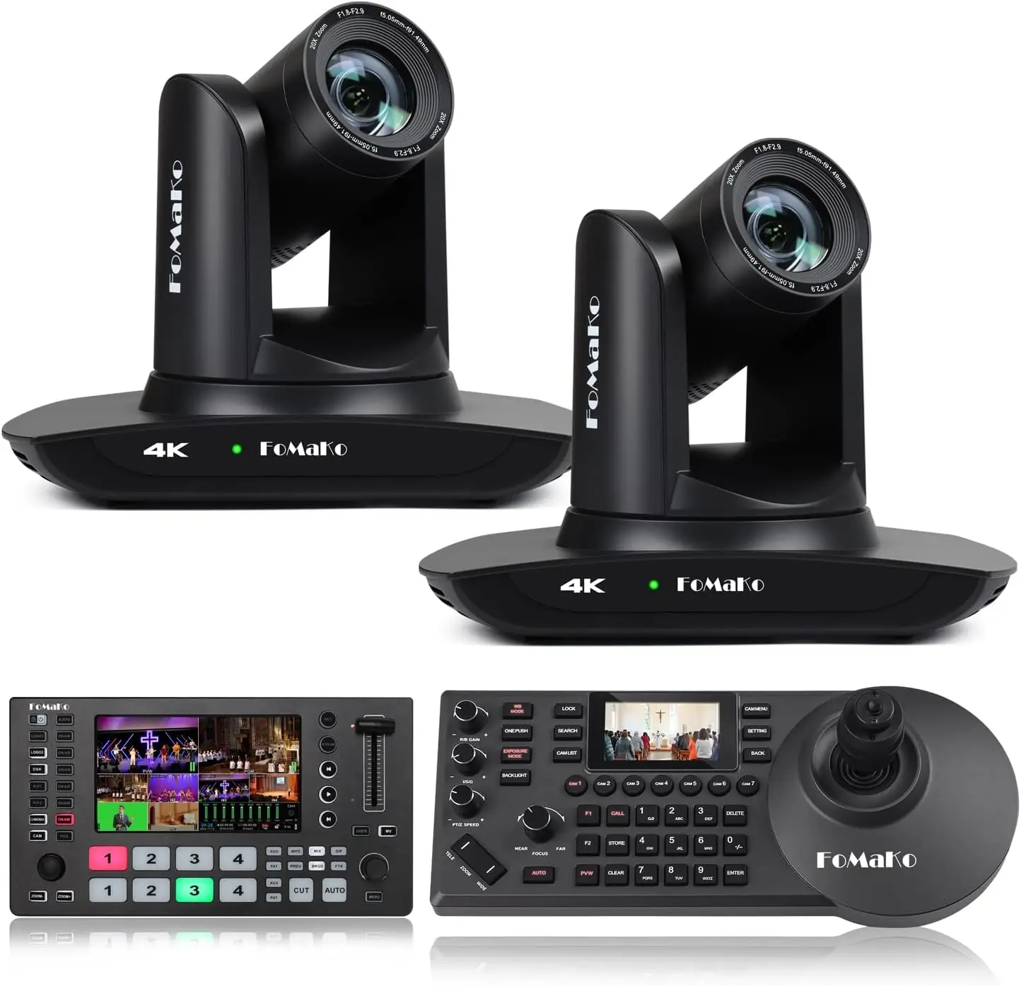 FoMaKo 4K PTZ Camera HDMI AI Auto-Tracking 4K 20X Optical Zoom(2pcs) M3 Video Switcher+KC608 PTZ Controller,for Church Worship