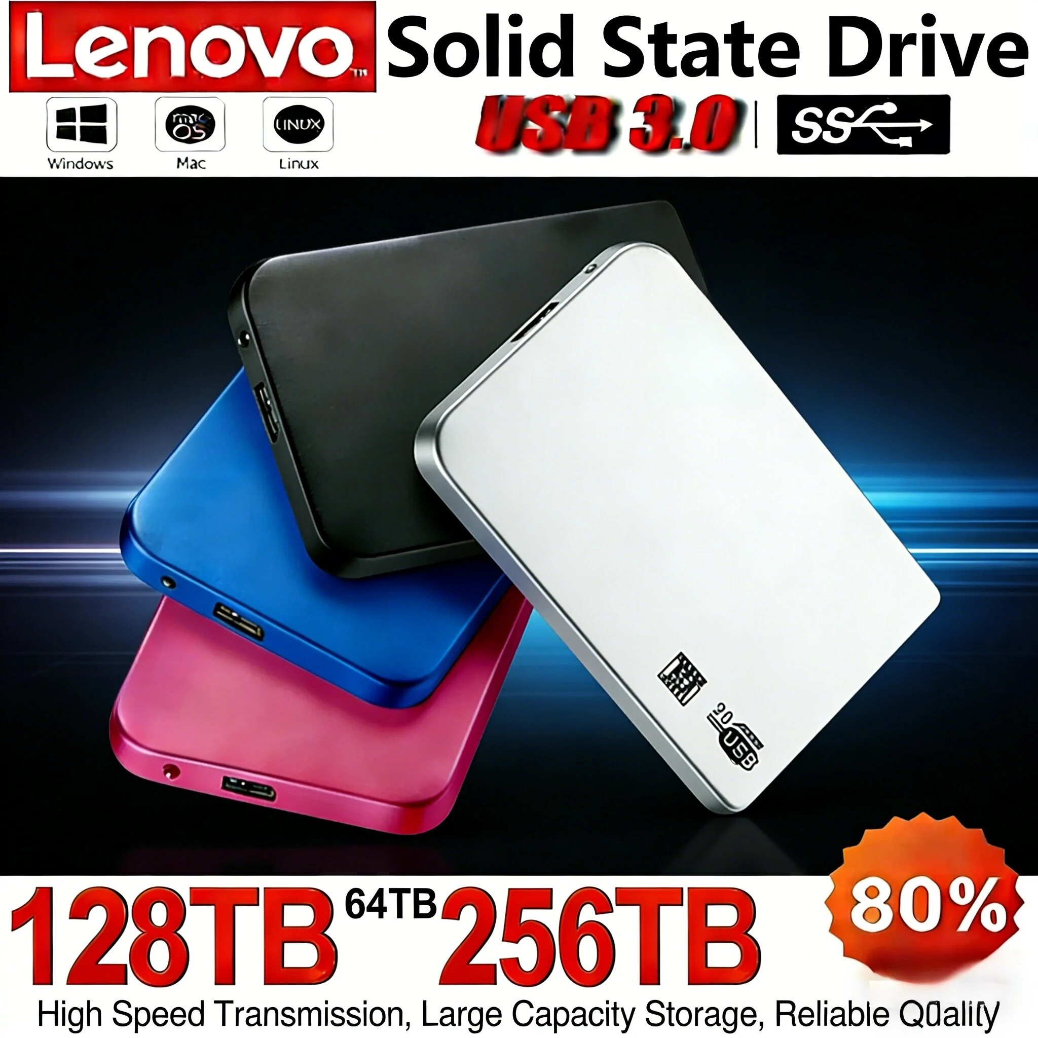 

Новый портативный SSD-накопитель Lenovo с высокоскоростной передачей данных USB 3.0, большой емкостью от 2 ТБ до 64 ТБ, обеспечивающий огромную объемную память.