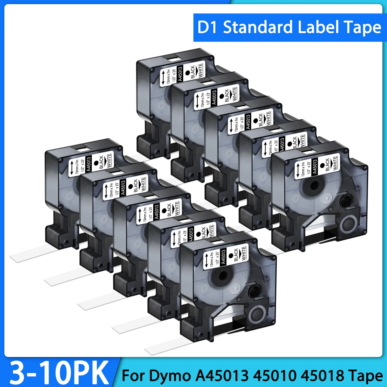 

3-10PK 12mm D1 Standard Label Tapes Compatible for DYMO A45013 45010 45018 Label Tape For Dymo LabelManager 100 200 450D Printer