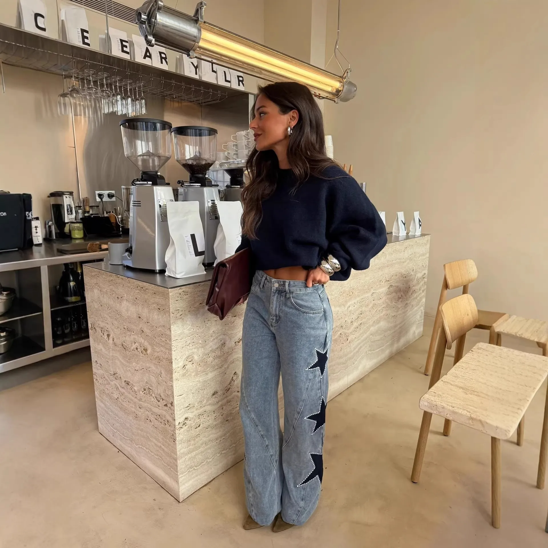 

2026 Spring Faion Casual Loose Straight Leg Jeans Women's New Sle Five-pointed Star Pattern High Waist Bell Bot