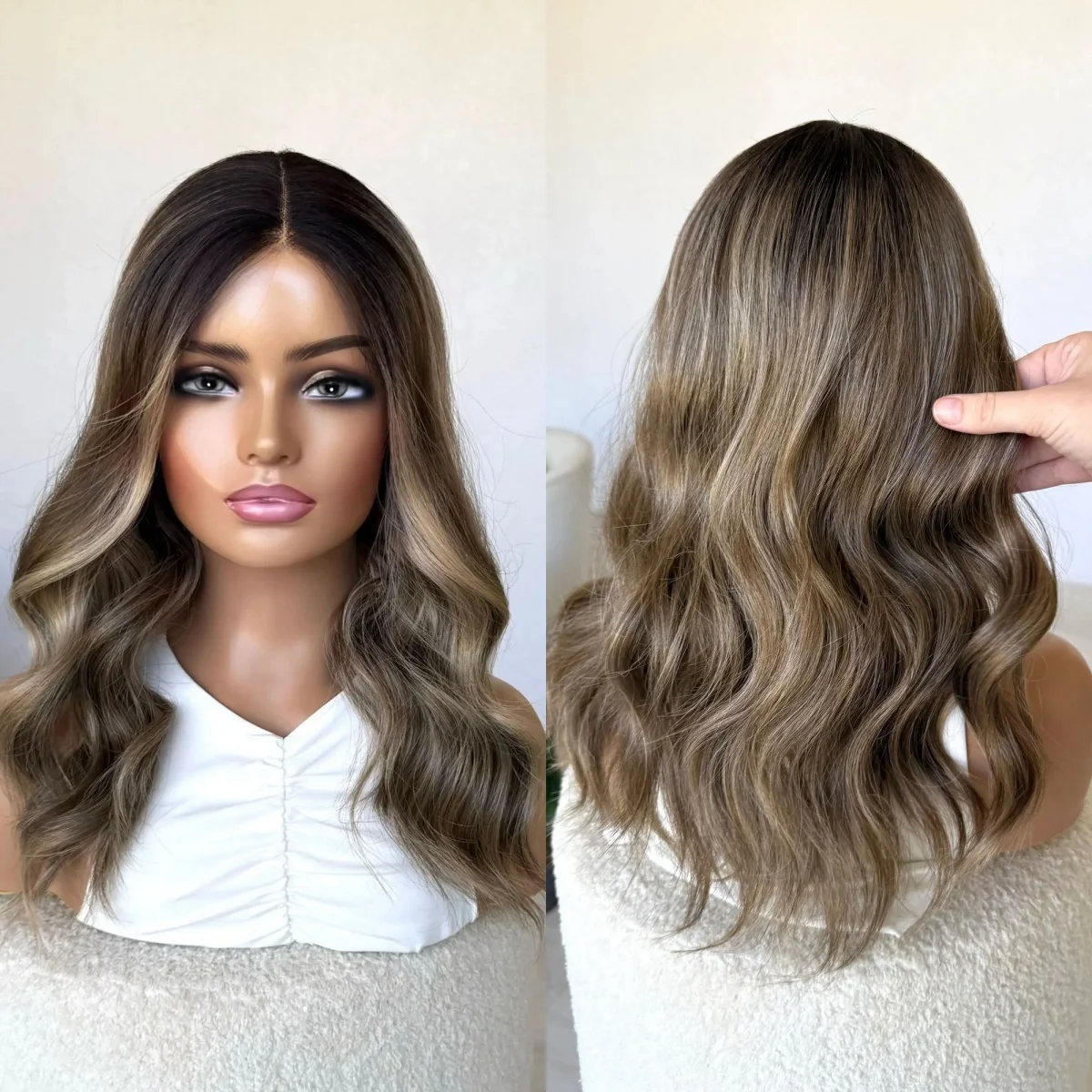Ombre Ash Brown Synthetic Lace Top Wigs Loose WaveHigh Quality Wigs Heat Safe Daily Wear Hair Female Wear&Go Beginner Friendly