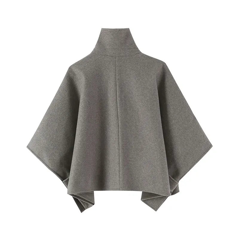 Nlzgmsj 2026 Autumn Winter Women Double Breasted Cape Coat Stand Collar Wool Blend Jacket Loose Short Cloak Outerwear