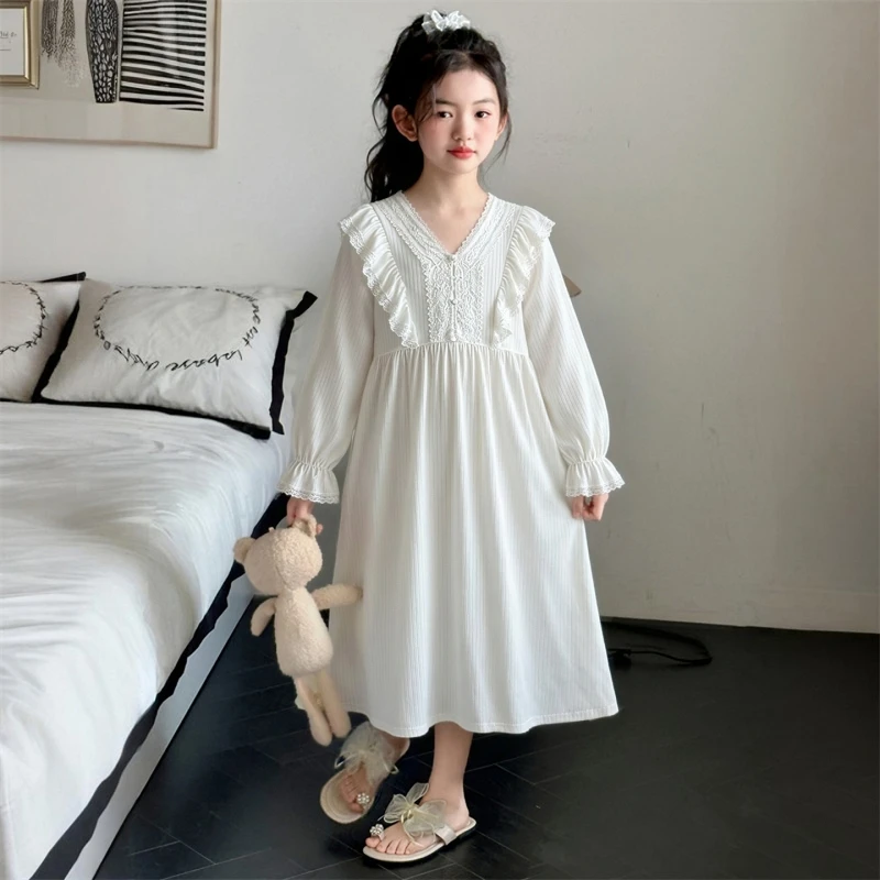 Girls Vintage Ruffle Lace Nightgown Long Sleeve Fall Spring Sleep Gown Kids 6‑16Y Girl Soft Home Sleepwear Night Dress