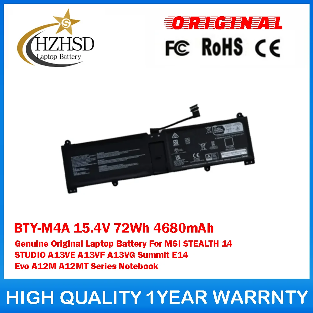 

BTY-M4A 15.4V 72Wh 4680mAh Genuine Original Laptop Battery For MSI STEALTH 14 STUDIO A13VE A13VF A13VG Summit E14 Evo A12M A12MT