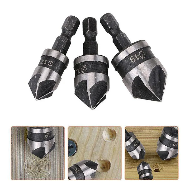 3PC Hexagonal Shank 90 Degree Black Five Blade Chamferer 12/16/19mm Countersink Drill Woodworking Hole Opener Tool Set image 5