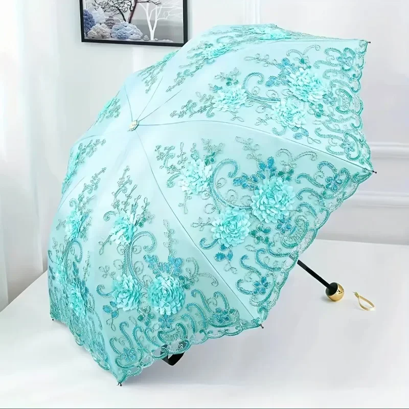 Gefaltete Retro-gestickte Spitze, doppellagiges Vinyl, dreifacher Regenschirm, Hochzeitsschirm