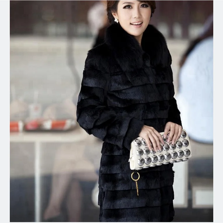 Real natural genuine full pelt rabbit fur coat with fox fur collar women long fashion whole skin fur Stripe jacket waistcoats