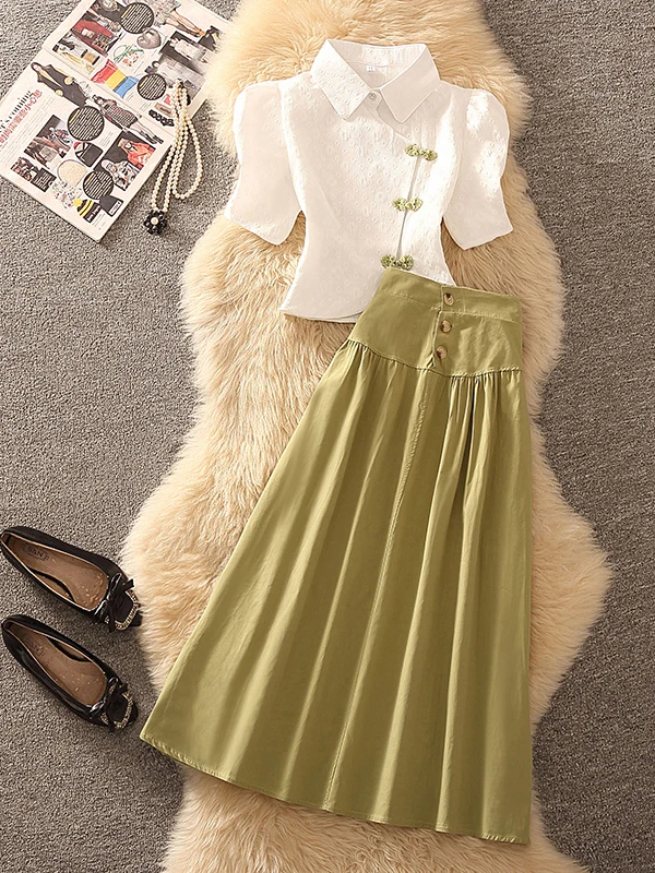 Fashionable Casual Short Sleeve Doll Collar Dress Set Women's Summer High Waist Skirt Elegant Shirt Two Piece Set Anti-Wrinkle
