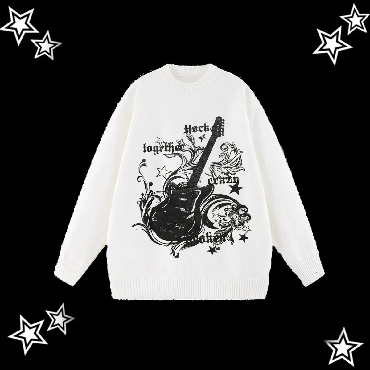 

Y2K женский хип-хоп гитара с принтом повседневный милый Harajuku уличный стиль ретро вязаный свитер