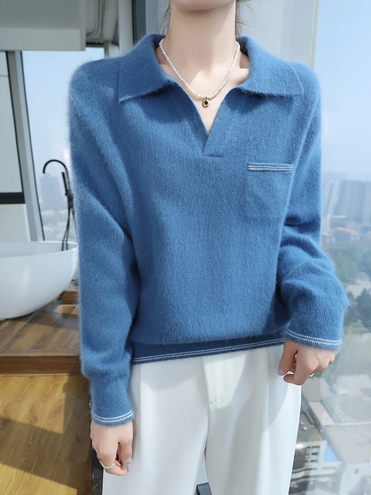 100% 밍크 캐시미어 여성 폴로 칼라 풀오버 부드러운 따뜻함 가을 겨울 캐주얼 패션 니트 롱 벨벳 스웨터