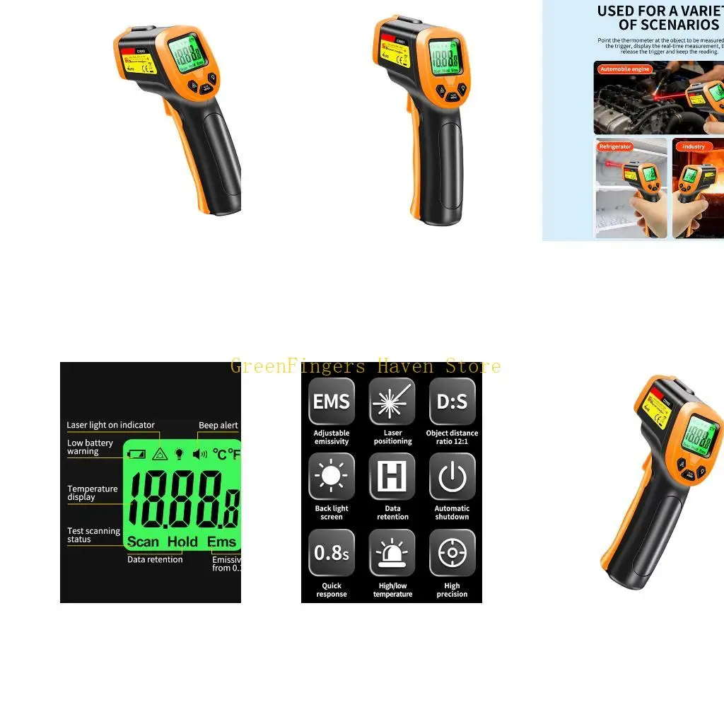 F68D Handheld Heat Meter for Home Repair and Vehicle Use, 12:1 Ratio, Lighted Screen, Emissivity Control, Hold Mode