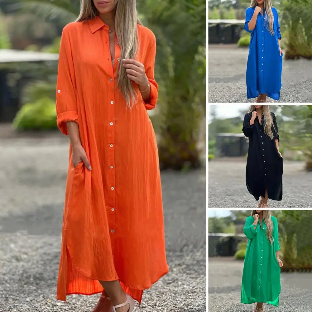 Loose Hem Maxi Dress Women Long Lapel Shirt Dress Elegant Women's Maxi Dress with Single-breasted Cardigan