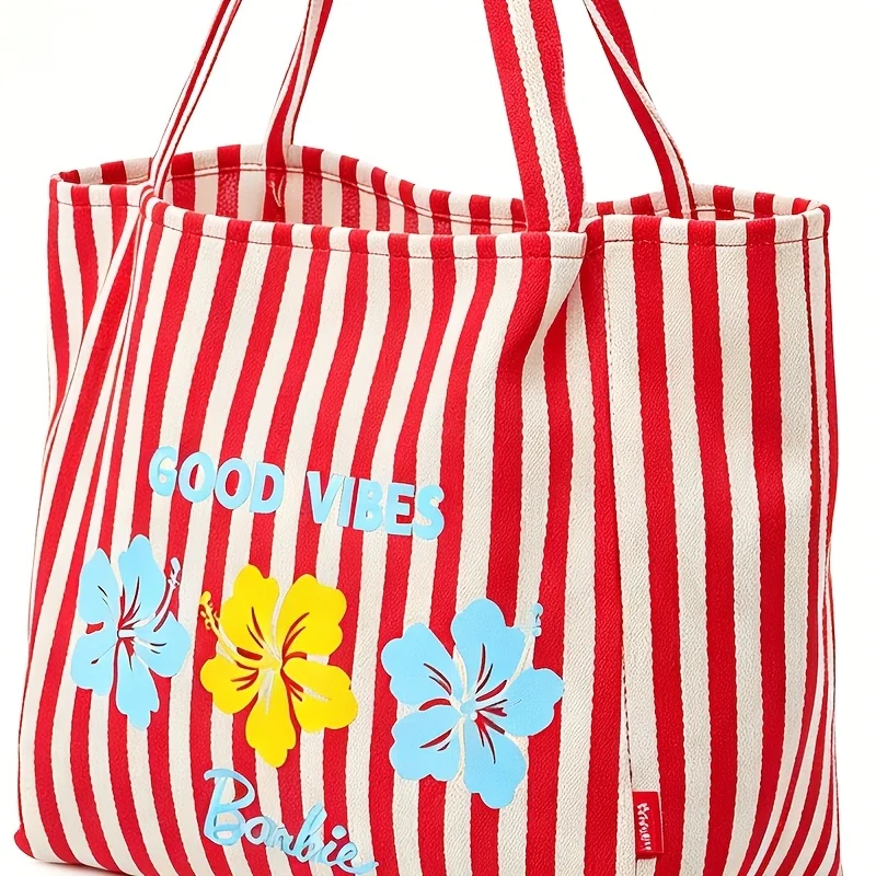 MINISO Barbie Shopping Bag Red Stripe Tote Shoulder Bag Storage Carry Bag Vacation Travel Reusable Carry Pouch Shopper Gift