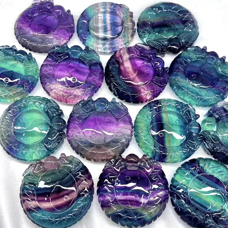 Beautiful Natural Fluorite Dragon Fox Yin Yang Tai Chi Figurine Well-cut Rainbow Crystal Gems Sun Moon Statue Special Collection