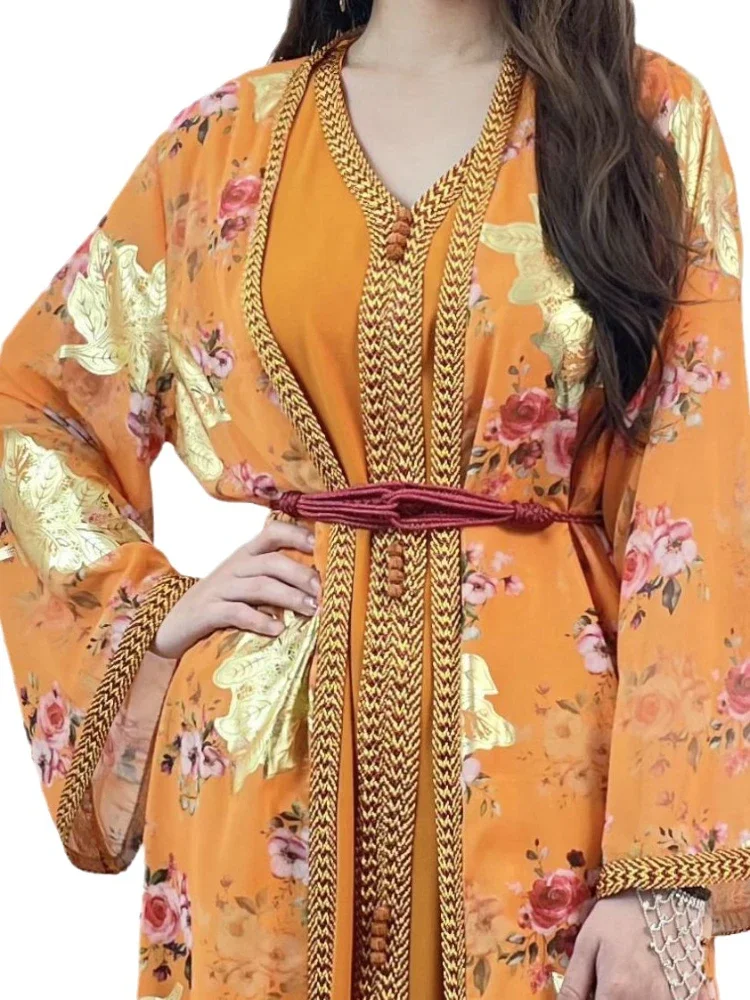 Robe musulmane marocaine pour femmes, imprimé floral, diamant, Abaya, ensemble 2 pièces, Dubaï, arabe, robe de soirée éducative, caftan long, robe