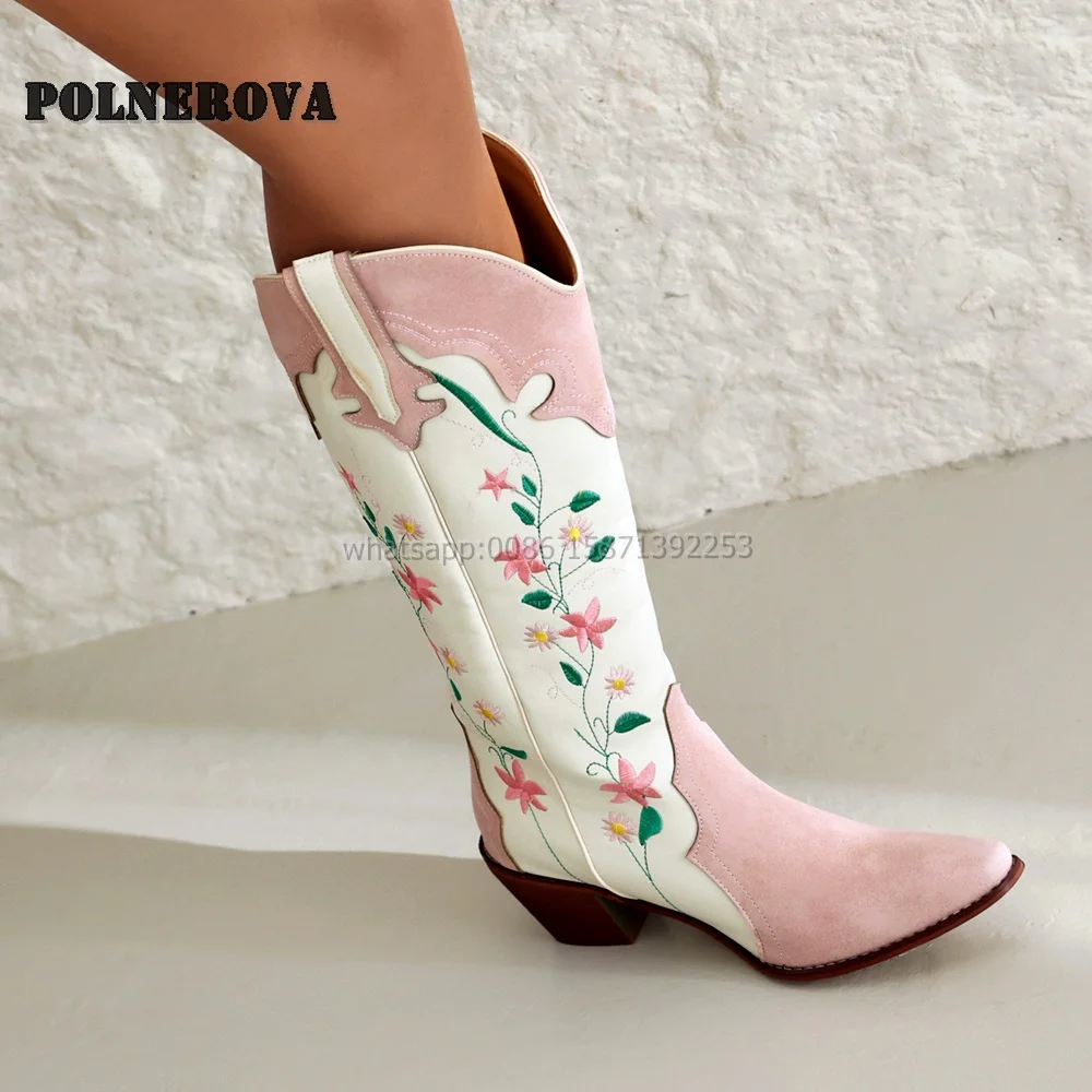 Embroider Mixed Colors Splicing Booty Pointed Toe Chunky Heels V-Cut Large Size Knee High Boots National Style Casual Shoes 2024