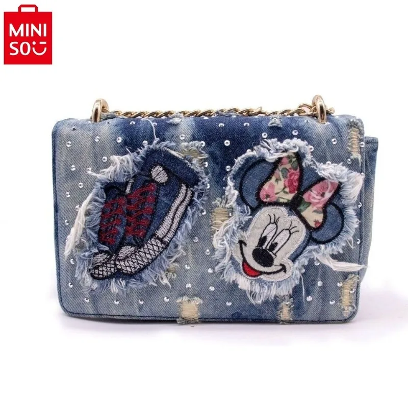 MINISO Disney Vintage Denim Trendy Chain Crossbody Bag Women's High Quality Mickey Minnie Printed Sweet Storage Small Square Bag