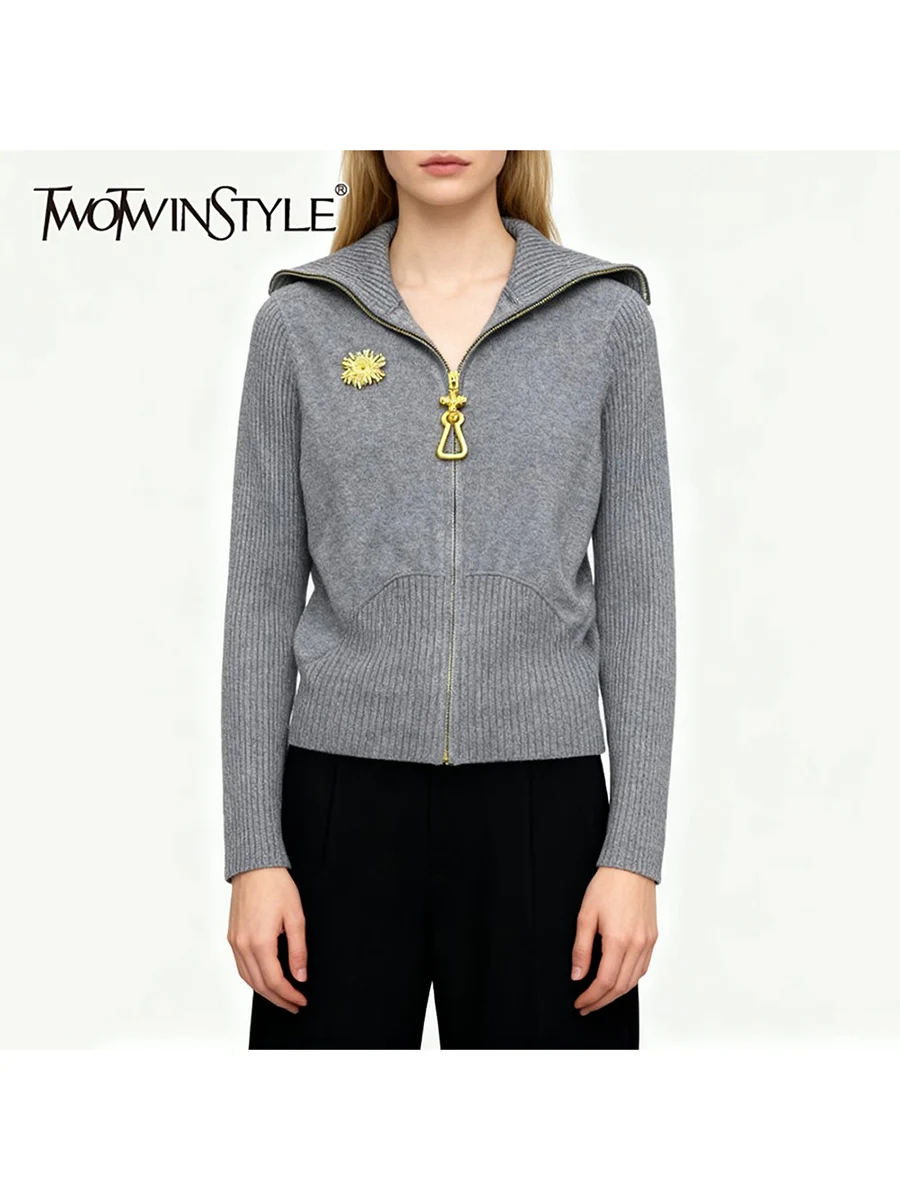 

TWOTWINSTYLE однотонный утягивающий базовый кардиган на молнии для женщин с лацканами и длинными рукавами, лоскутные кардиганы с блестками, женские новые