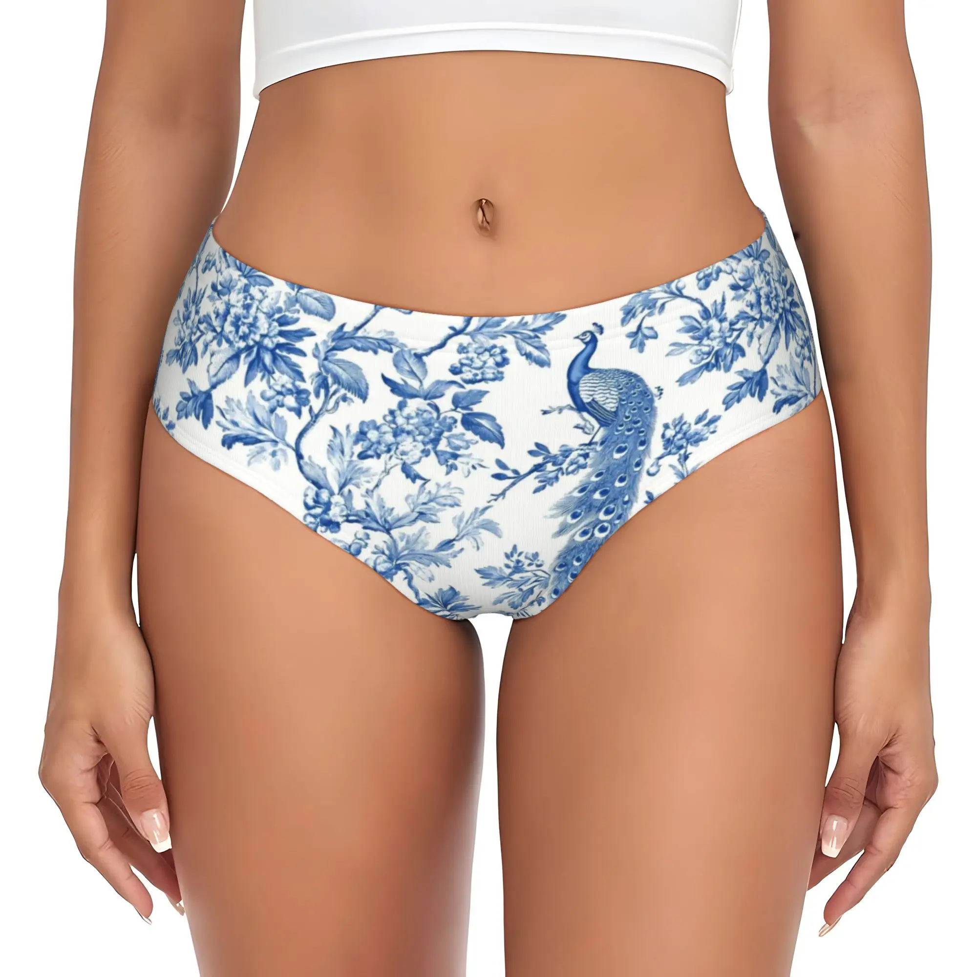 Custom Blue Toile Fabric Brief Panties Women's Stretch French Motif Flora Underwear