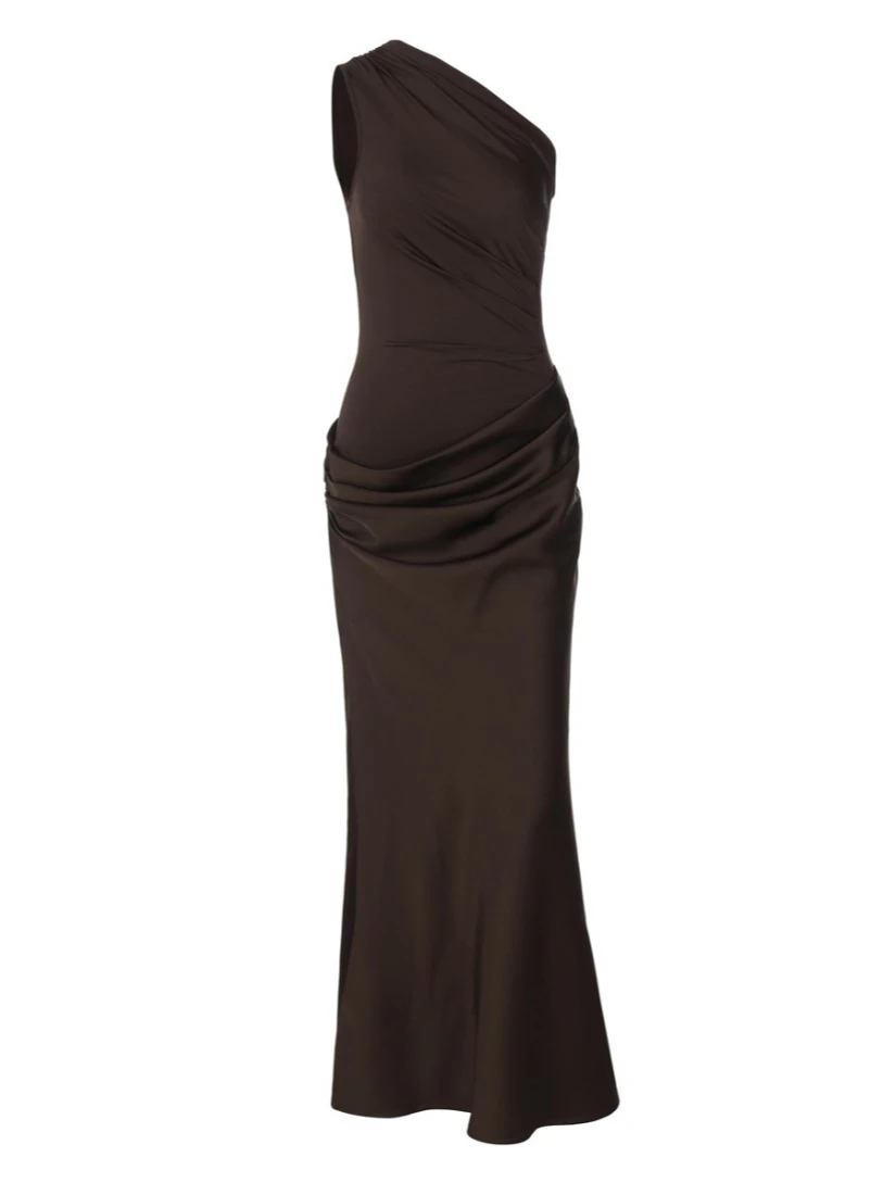 Stsss sexy um ombro sem mangas maxi vestido feminino verão moda gola diagonal cetim retalhos ruched magro festa vestido longo