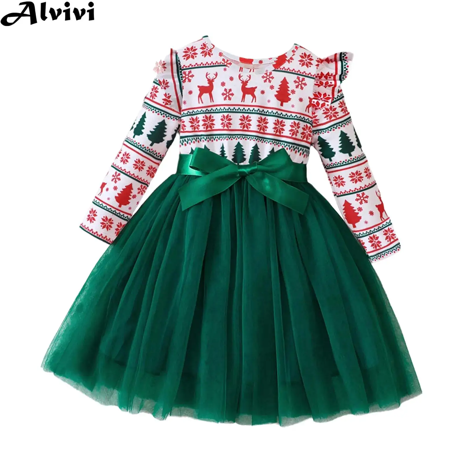 Vestido de baile para fiesta de Navidad para niñas, vestido de princesa con tutú de malla estampado bonito de manga larga, disfraz de Cosplay para Festival de Año Nuevo y Navidad