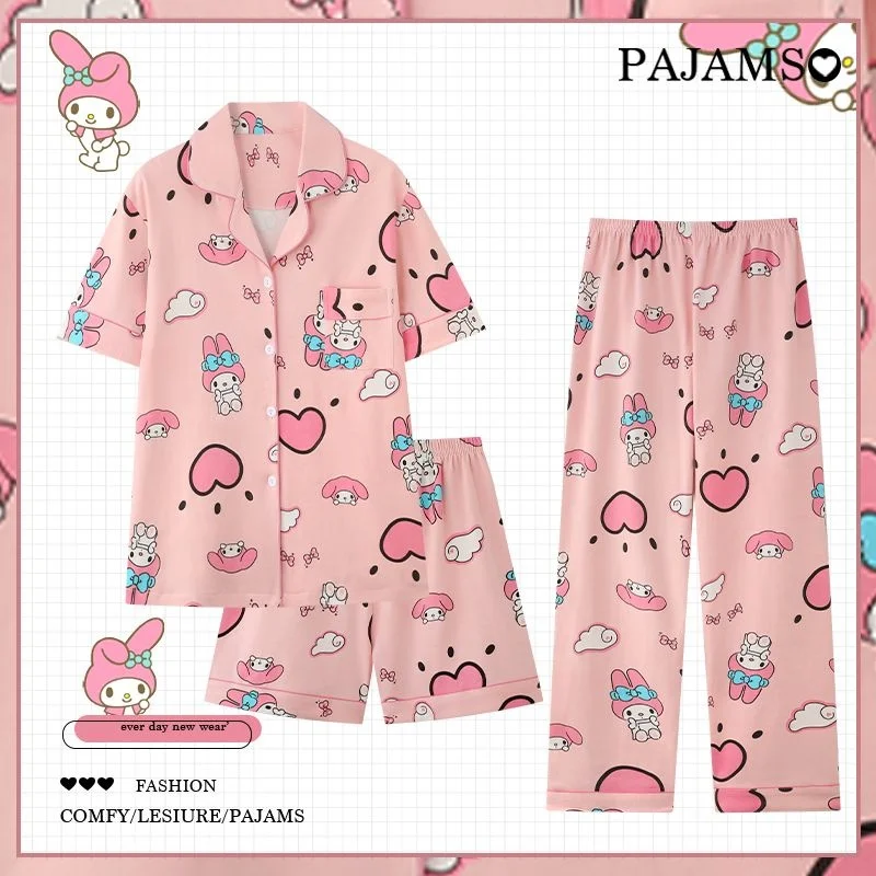 Sanrio-Conjunto de pijama de Hello Kitty para mujer, ropa de dormir de manga corta y pantalones largos con dibujos animados Kawaii, traje de casa de