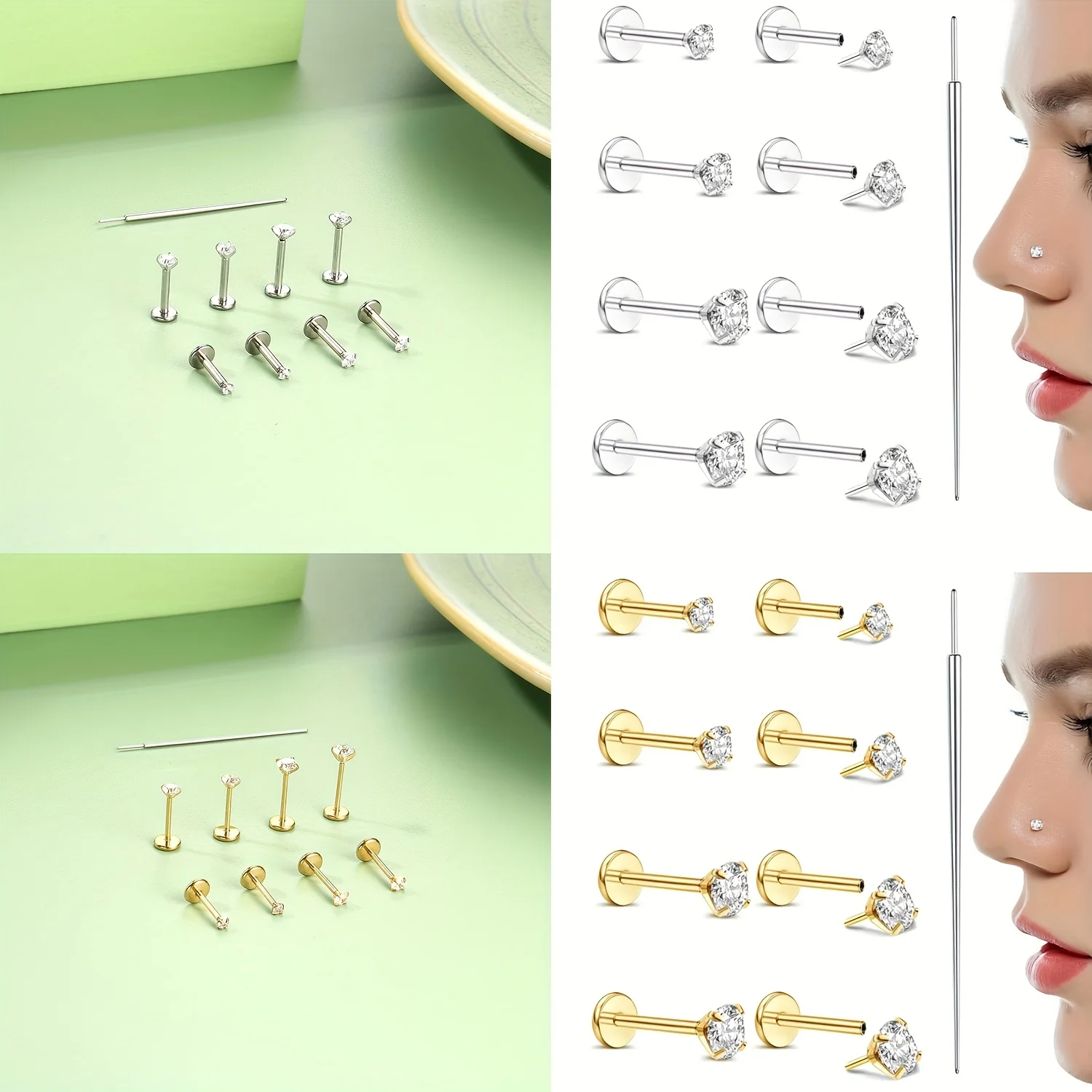 9pcs Set of 20G Flat-Bottom Ear Bone Studs with Piercing Guide Needles Nose Studs, Lip Studs, Ear Studs, Piercing Jewelry