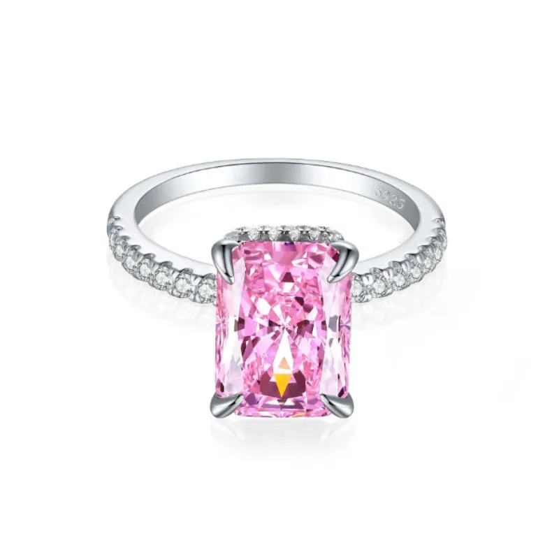 925 Sterling Silver Women 8X11mm Radiant Cut Pink Venom 5A Cubic Zirconia Ring Fine Jewelry