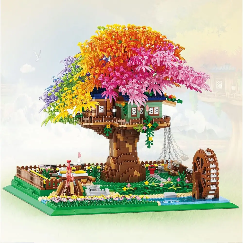 Illuminating Rainbow Flower Building Blocks and 4451-Piece Cherry Blossom Bonsai Tree Architecture Kit for Adults