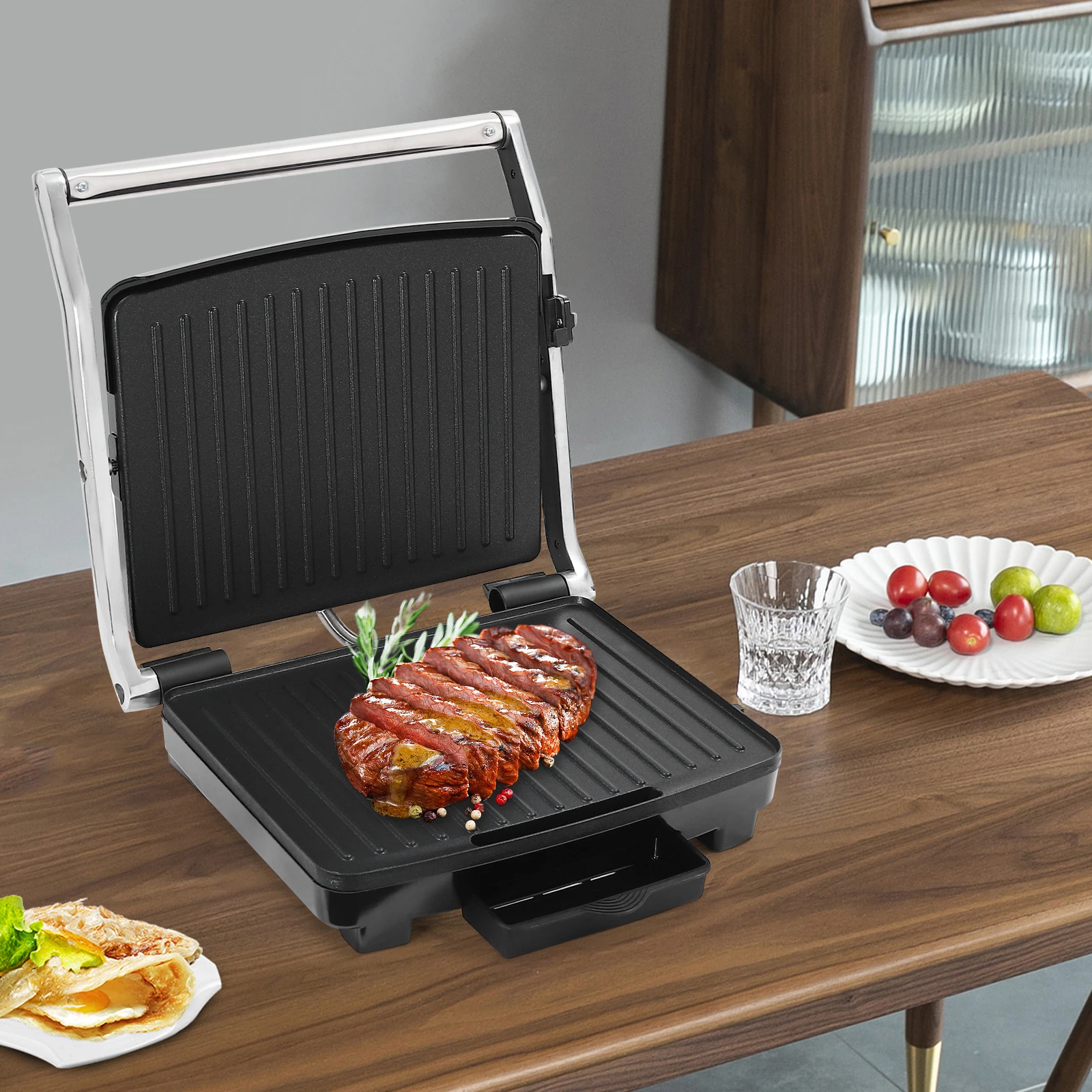 Kontaktgrill Antihaft-Steakmaschine 2000 W Elektrogrill 100–250 ℃ Einstellbare Temperatur für Steak-Sandwiches, gegrilltes Fleisch