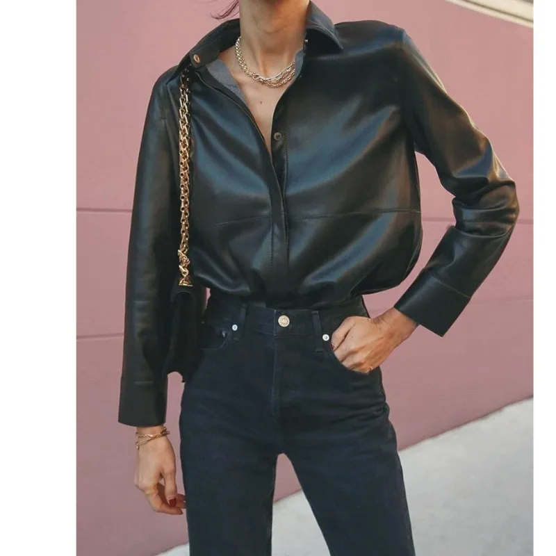 Protein Leather Shirt for Women 2024 Autumn and Winter New European and American Casual Lapel Single-breasted Long-sleeved Top