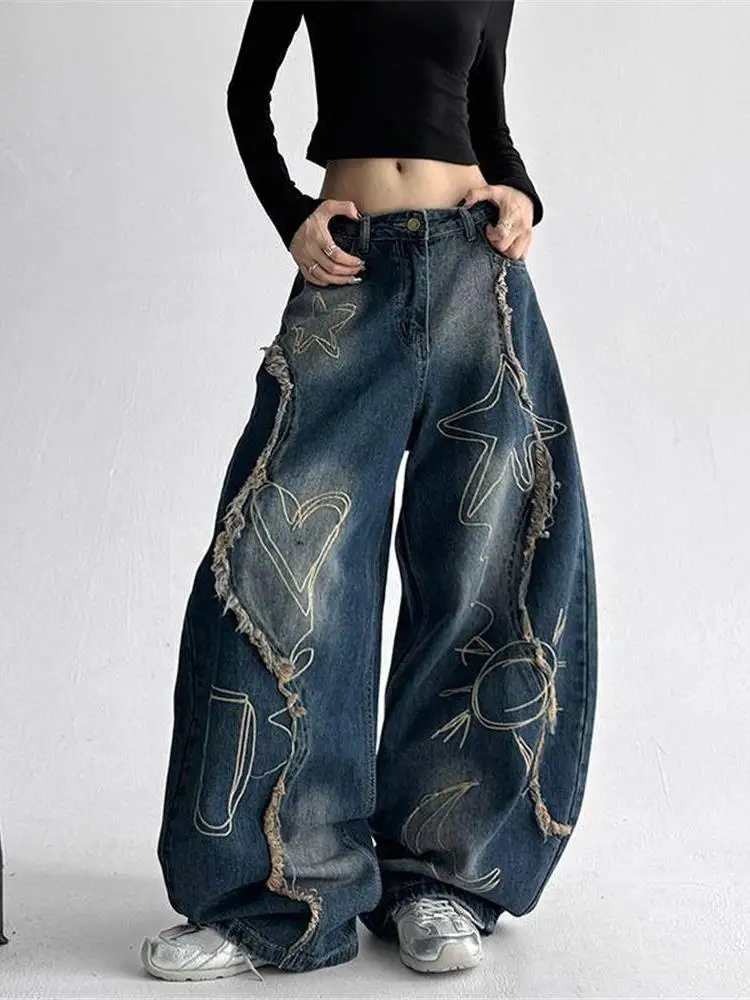 

Waed American Embroidered Wide Leg Jeans for Women Street Hip Hop Sle Casual High Waist Zipper Fly Four Seasons Wear
