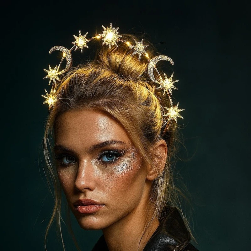 Star Moon Rhinestone Halo Crown, LED Glow Crystal Celestial Headband for Women Wedding Rave Halloween Bridal  Celestial Hair - view 5