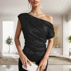 One Shoulder Sequin Sparkly Tops For Women Ruched Asymmetrical Glitter Tops Slimming Sparkle Party Shirts Pullover