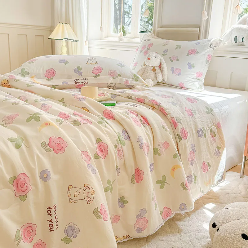 Summer Cool Quilt Comfor Quilt and Pillowcase Pastoral Floral Summer Household Yarn Lace Soft Quilt For Bed Washable Bedding